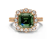 Milgrain Halo Engagement Ring Setting for Fancy Green Asscher Cut Center with Bezel Point Accents and Prong Head in Rose Gold
