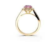 Halo Engagement Ring Setting for Fancy Pink Cushion Cut Center with Raised Halo, Pave Band and Prong Head in Yellow Gold