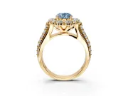 Large Accent Halo Engagement Ring Setting for Fancy Blue Oval Center with Pave Split Shank and Prong Head in Yellow Gold