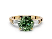 3 Stone Engagement Ring Setting for Fancy Green Round Cut Center with Channel Baguette Accents and Prong Head in Yellow Gold
