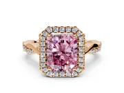 Halo Engagement Ring Setting for Fancy Pink Radiant Cut Center with Twist Band and Prong Head in Rose Gold