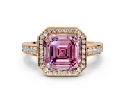 Bezel-Framed Halo Engagement Ring Setting for Fancy Pink Asscher Cut Center with Pave Band and Prong Head in Rose Gold