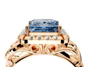 Halo Engagement Ring Setting for Fancy Blue Princess Cut Center with Open Scroll Shoulders and Prong Head in Rose Gold
