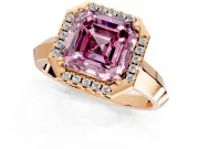 Halo Engagement Ring Setting for Fancy Pink Asscher Cut Center with Knife Ridge Cathedral Band and Prong Head in Rose Gold