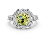 Halo Engagement Ring Setting for Fancy Yellow Cushion Cut Center with Milgrain Channel Band and Prong Head in Platinum
