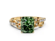 Leaf Motif Engagement Ring Setting for Fancy Green Radiant Cut Center with Pave Band and Prong Head in Yellow Gold