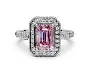 Milgrain Halo Engagement Ring Setting for Fancy Pink Emerald Cut Center with Three-Sided Pave Band and Prong Head in Sterling Silver