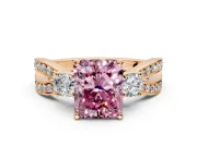 3 Stone Engagement Ring Setting for Fancy Pink Radiant Cut Center with Pave Twist Band and Prong Head in Rose Gold