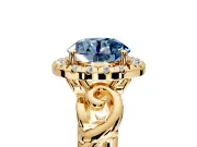 Halo Engagement Ring Setting for Fancy Blue Round Cut Center with Open Scroll Shoulders and Prong Head in Yellow Gold