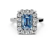 Single Halo Engagement Ring Setting for Fancy Blue Emerald Cut Center with Corner Claws, Plain Band and Prong Head in Platinum