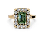 Single Halo Engagement Ring Setting for Fancy Green Emerald Cut Center with Corner Claws, Plain Band and Prong Head in Yellow Gold