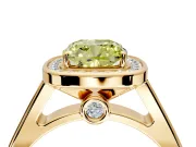 Halo Engagement Ring Setting for Fancy Yellow Cushion Cut Center with Outer Bezel Rim, Pave Band and Prong Head in Yellow Gold