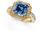 Halo Engagement Ring Setting for Fancy Blue Asscher Cut Center with Framed Halo, Pave Band and Prong Head in Yellow Gold