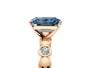 Solitaire Engagement Ring Setting for Fancy Blue Emerald Cut Center with Beaded Bezel Station Band and Prong Head in Rose Gold