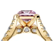 Solitaire Engagement Ring Setting for Fancy Pink Asscher Cut Center with Pave Cathedral Shoulders and Prong Head in Yellow Gold