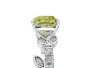 Leaf Motif Engagement Ring Setting for Fancy Yellow Cushion Cut Center with Pave Band and Prong Head in Platinum