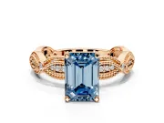 Solitaire Engagement Ring Setting for Fancy Blue Emerald Cut Center with Marquise Panel Band and Prong Head in Rose Gold