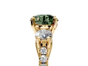 3 Stone Engagement Ring Setting for Fancy Green Round Cut Center with Crossover Basket, Pave Band and Prong Head in Yellow Gold