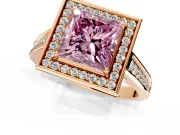 Halo Engagement Ring Setting for Fancy Pink Princess Cut Center with Outer Bezel Rim, Pave Band and Prong Head in Rose Gold