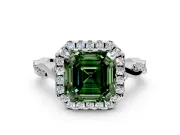 Halo Engagement Ring Setting for Fancy Green Asscher Cut Center with Twist Band and Prong Head in Platinum