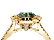 Halo Engagement Ring Setting for Fancy Green Round Cut Center with Milgrain Pave Band and Bezel Head in Yellow Gold