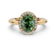 Halo Engagement Ring Setting for Fancy Green Oval Center with Tapered Plain Band and Prong Head in Yellow Gold