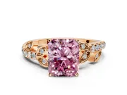 Leaf Motif Engagement Ring Setting for Fancy Pink Radiant Cut Center with Pave Band and Prong Head in Rose Gold