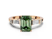 Bar-Set Engagement Ring Setting for Fancy Green Emerald Cut Center with Tapered Baguette Accents and Prong Head in Rose Gold