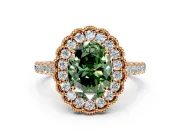 Milgrain Floral Halo Engagement Ring Setting for Fancy Green Oval Center with Pave Band and Prong Head in Rose Gold