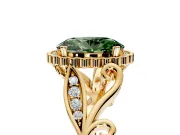 Halo Engagement Ring Setting for Fancy Green Oval Center with Leaf Motif Split Shank and Prong Head in Yellow Gold