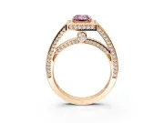Halo Engagement Ring Setting for Fancy Pink Emerald Cut Center with Framed Halo, Pave Band and Prong Head in Rose Gold