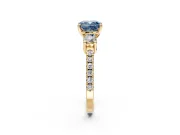 3 Stone Engagement Ring Setting for Fancy Blue Cushion Cut Center with Round Cut Side Accents and Prong Head in Yellow Gold