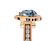 Halo Engagement Ring Setting for Fancy Blue Heart-Shaped Center with Outer Bezel Rim, Pave Band and Prong Head in Rose Gold