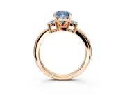 3 Stone Engagement Ring Setting for Fancy Blue Cushion Cut Center with Wide Plain Band and Prong Head in Rose Gold