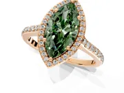 Halo Engagement Ring Setting for Fancy Green Marquise Center with Pave Accents, Heart Basket and Prong Head in Rose Gold