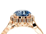 Halo Engagement Ring Setting for Fancy Blue Round Cut Center with Leaf Motif Split Shank and Prong Head in Rose Gold