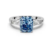 3 Stone Engagement Ring Setting for Fancy Blue Radiant Cut Center with Tapered Baguettes, Plain Band and Prong Head in Sterling Silver