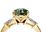 3 Stone Engagement Ring Setting for Fancy Green Round Cut Center with Channel Baguette Accents and Prong Head in Yellow Gold