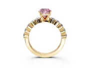 Shared-Prong Engagement Ring Setting for Fancy Pink Cushion Cut Center with Graduated Accents and Prong Head in Yellow Gold