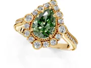 Milgrain Halo Engagement Ring Setting for Fancy Green Pear-Shaped Center with Bezel Point Accents and Prong Head in Yellow Gold