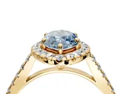 Halo Engagement Ring Setting for Fancy Blue Marquise Center with Narrowing Pave Band and Prong Head in Yellow Gold