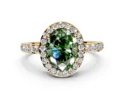 Halo Engagement Ring Setting for Fancy Green Oval Center with Heart-Shaped Openwork, Pave Band and Prong Head in Yellow Gold
