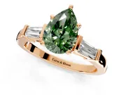 3 Stone Engagement Ring Setting for Fancy Green Pear-Shaped Center with Channel Baguette Accents and Prong Head in Rose Gold