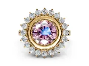 Halo Engagement Ring Setting for Fancy Pink Round Cut Center with Milgrain Bezel Rim, Plain Band and Prong Head in Yellow Gold