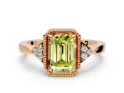 Cluster Engagement Ring Setting for Fancy Yellow Emerald Cut Center with Milgrain Shoulder Clusters and Prong Head in Rose Gold
