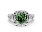 Halo Engagement Ring Setting for Fancy Green Cushion Cut Center with Framed Halo, Pave Band and Prong Head in White Gold