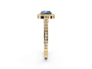 Halo Engagement Ring Setting for Fancy Blue Cushion Cut Center with Framed Halo, Pave Band and Prong Head in Yellow Gold