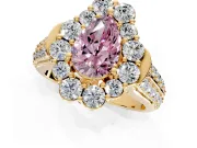 Large Accent Halo Engagement Ring Setting for Fancy Pink Pear-Shaped Center with Pave Split Shank and Prong Head in Yellow Gold