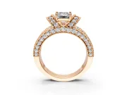 Pave Engagement Ring Setting for Emerald Cut Center with Curved Accent Rows, Openwork and Prong Head in Rose Gold