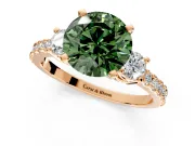 3 Stone Engagement Ring Setting for Fancy Green Round Cut Center with Round Cut Side Accents and Prong Head in Rose Gold